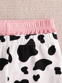 Set de pijama de verano para bebé niña, 4 piezas de ajuste cómodo, bonito patrón de vaca, camiseta y pantalones cortos de manga corta tejidos para el hogar - Rosa Pálido - Ver 5