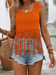 SHEIN LUNE Women Plain Color Fringe Hem Tank Top