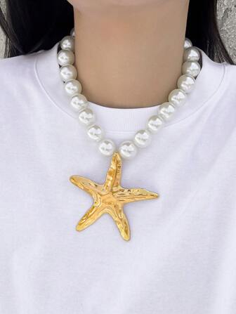 Fairycore 1pc Fashionable Ocean Style Minimalist Starfish Pendant Pearl Necklace, Beach Jewelry