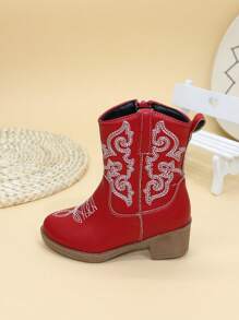 儿童靴子 女童鞋 高筒靴 中筒靴 刺绣高跟鞋 西部牛仔靴 尖头侧拉链 - 紅色 - 查看 4