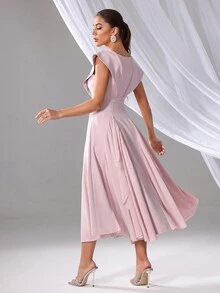 Ladies Elegant Summer Rhinestone Decor Cap Sleeve Dress - Pink - View 2