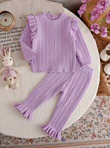 Baby Mädchen Pullover Set, Herbst/Winter gestrickter Pullover mit Rüschen und Hose, elegant und modisch in lila Tönen
