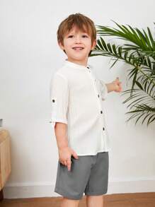 Conjunto informal y cómodo de camisa de lino y pantalones cortos para niños pequeños, verano - Gris - Ver 6