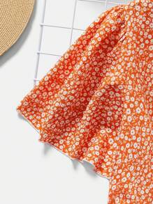 SHEIN LUNE Plus Size Ditsy Floral Print V-Neck Ruffle Sleeve Blouse - Orange - View 5