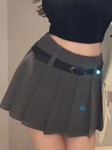 DAZY Váy xếp li mini màu trơn - Xám - Xem 4