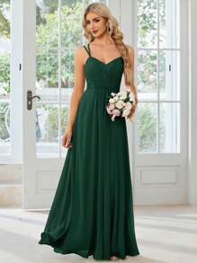 EVERPRETTY Spring Solid Color Simple Ruched Criss-Cross Backless Green Bridesmaid Dress, Wedding Guest Dress - Dark Green - View 3