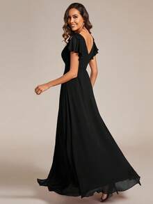 Chiffon Split Thigh Ruffle Trim Bow Shoulder Bridesmaid Dress Elegant Dress - Black - View 2
