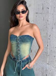 Denimoi Top de mezclilla bandeau con encaje en la parte delantera - Azul lavado oscuro - Ver 3