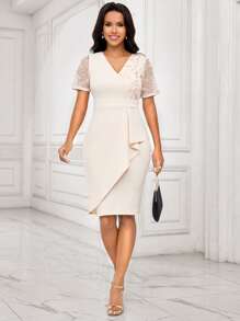 SHEIN Lady Vestido de mujer con dobladillo asimétrico elegante y a la moda, con parches texturizados y pailetes negros - Burdeos - Ver 3