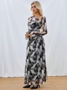 SHEIN Essnce Mùa Xuân/Mùa Thu 2024 Mới Thắt Nơ Lưới Tay Dài Flowy Đầm Vai Bất Đối Xứng Đầm Nữ - Xám - Xem 4