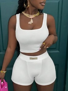 Slaydiva 2pcs/Set Women Casual Rib Pattern Tank Top And High Waist Letter Shorts Set
