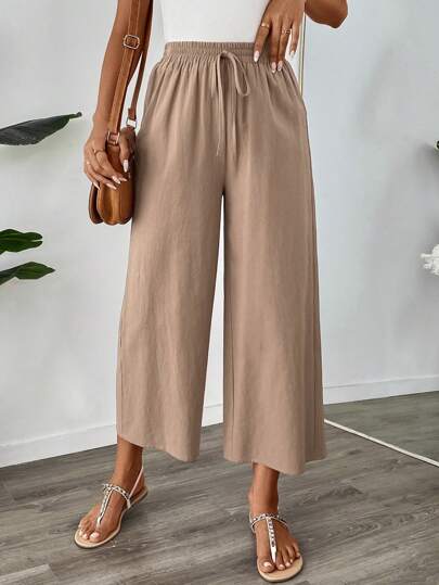 SHEIN LUNE Women's Casual Linen Blend Capri Pants, Khaki Color, Suitable For School Events And Work Outfits, Fall