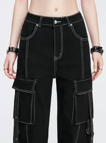 ROMWE Grunge Punk Women's Workwear Denim Jeans With Pockets - Black - View 5