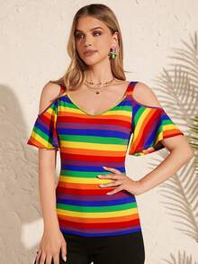 SHEIN Clasi Women's Summer Open Shoulder Slim Fit T-Shirt With Ruffle Sleeves And Rainbow Stripes - Multicolor - View 6