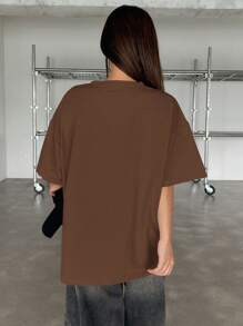 DAZY Butterfly & Slogan Graphic Drop Shoulder Tee THE BUTTERFLY Oversized T-Shirt Preppy Tops - Coffee Brown - View 4