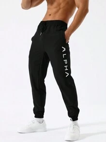 Manfinity Sport Corelite Boyfriend Style Men Letter Print Drawstring Waist Sports Pants Back To School Sweat Pants - Black - View 4