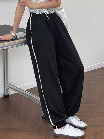 FRIFUL Elastic Waistband Wide Leg Women's Culottes With Woven Ribbon Bow Decoration, Loose & Long Fall,Winter Sweatpants