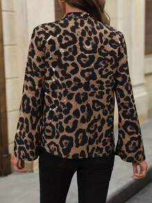 Áo sơ mi dài tay cổ chữ V họa tiết da báo cho nữ, mùa thu - Cà phê nâu - Xem 2