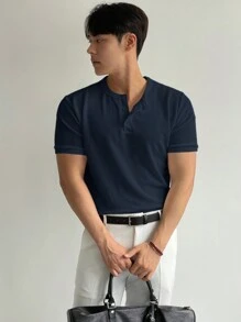 DAZY Men's Summer Solid Button Placket Short Sleeve Casual T-Shirt - Navy Blue - View 3