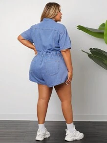 SHEIN CURVE+ Plus Size Denim Short Sleeved Romper, Casual Loose Blue Summer Outfit