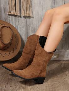 2024新款及膝女靴，厚跟騎士靴，時尚經典秋冬款 - 棕色 - 查看 3