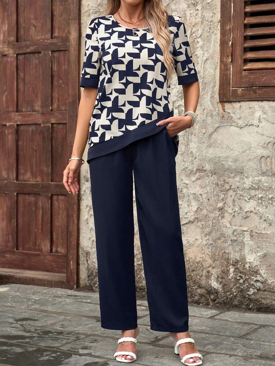 EMERY ROSE 女士不对称下摆圆领上衣和裤子套装夏季女式两件套外出套装 - 彩色 - 查看 1