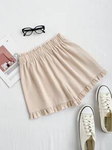 SHEIN Unity Versatile Casual Ruffle Trim Shorts - Khaki - View 2