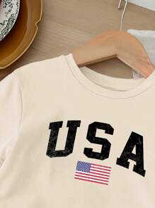 SHEIN Baby Girl Casual Minimalist Letter Printed Short Sleeve T-Shirt And Shorts Set, Suitable For Summer