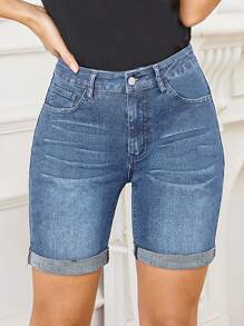 SHEIN LUNE 高腰翻邊牛仔短褲 - 淺色水洗藍 - 查看 4