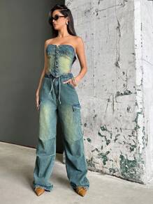 Denimoi Flap Pocket Side Belted Wide Leg Jeans - Dark Wash - View 1