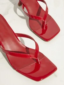 SHUZIA Solid Color Square Toe Slip-On Mid Heel Slides, Casual & Fashionable Anti-Slip Summer Sandals Summer Shoes Spring Shoes Spring Break Easter Prom Heels Wedding Shoes Valentine's Day - Red - View 4