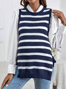 SHEIN Maternity Round Neck Striped Side Slit Fitted Long Sweater - Navy Blue - View 4