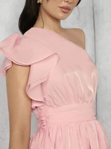 Glamine Asymmetrical Neck Solid Ruffle Organza Dress For Summer - Pink - View 6