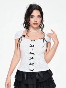 ROMWE Kawaii Áo thun nữ viền ren đáng yêu có nơ màu khối trang trí Slim Fit - trắng - Xem 1