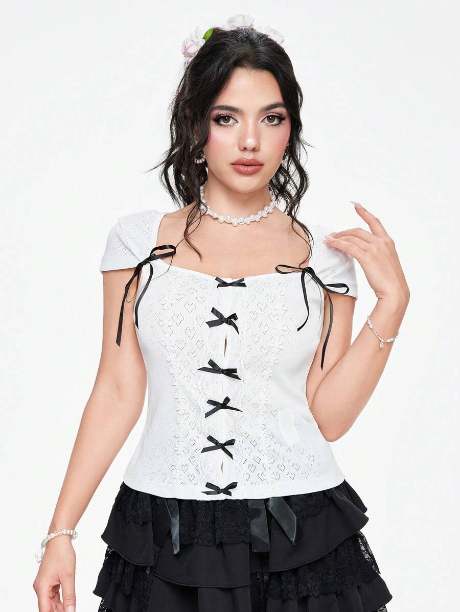 ROMWE Kawaii Áo thun nữ viền ren đáng yêu có nơ màu khối trang trí Slim Fit - trắng - Xem 1