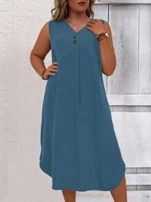 EMERY ROSE Plus Size Effen Kleur V-hals Mouwloos Casual Zomerjurk Maxi Dames Outfit