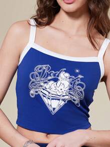 THE FLINTSTONES | SHEIN Blue Cartoon Graphic Women's Ringer Crop Cami Top - Navy Blue - View 1