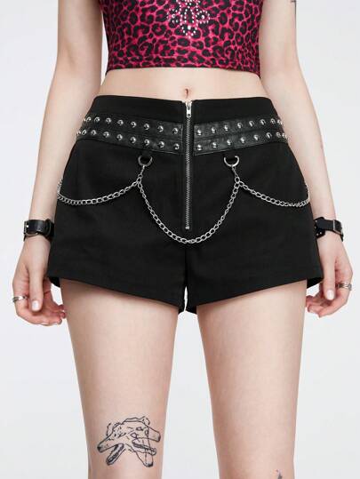 Goth Shorts pour femmes de style punk à taille basse avec chaîne de rivets et décoration métallique