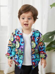 SHEIN Baby Boy Baby Girl Casual Hooded Cardigan With Cartoon Monster Pattern