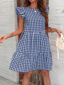 SHEIN LUNE Gingham Print Ruffle Hem Cap Sleeve Smock Dress - Navy Blue - View 3