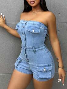 SHEIN SXY Bộ áo liền quần denim nữ Bộ áo liền quần ống màu xanh Bộ áo liền quần túi đi làm ba chiều Bộ đồ liền thân thời trang đường phố sai lầm Trang phục mùa hè Quần vận chuyển Quần áo liền quần Trang phục một mảnh Jumpsuit Quần áo mùa thu Trang phục đi học lại Quần áo nữ Rompers Rave Back To School Trang phục sân bay Halloween - Rửa nhẹ - Xem 7