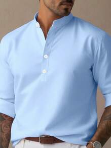 Men Plain Color Half Button Shirt - Blue - View 4