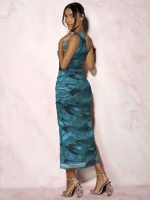 Glamine Women's Ink Printed One Shoulder Ruched Slit Dress Bodycon Dress - Green - View 2