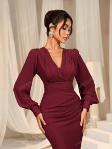 Faeriesty Elegant Cross-Over V-Neck Lantern Sleeve Mermaid Hem Dress - Sophisticated Timeless Design For Spring/Summer Weddings, Galas, Red Carpet Bridesmaid Dress