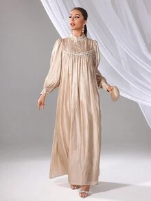 Women's Long Sleeve Frill Trim Pendant Decor Dress - Apricot - View 5