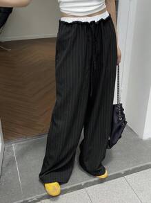 DAZY 女式休闲条纹拼布撞色抽绳阔腿裤 - 黑色 - 查看 7