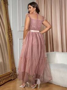SHEIN Belle Vestido de línea A de malla con dobladillo de volante superpuesto de malla para tallas grandes - Rosa vieja - Ver 2