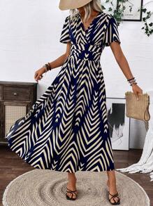 Breezaya Women's V-Neck Asymmetric Printed Tie-Dye Slit Short Sleeve Holiday Dress With Ruffled Sleeves