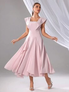 Ladies Elegant Summer Rhinestone Decor Cap Sleeve Dress - Pink - View 3