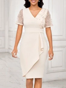 SHEIN Lady Vestido de mujer con dobladillo asimétrico elegante y a la moda, con parches texturizados y pailetes negros - Burdeos - Ver 4